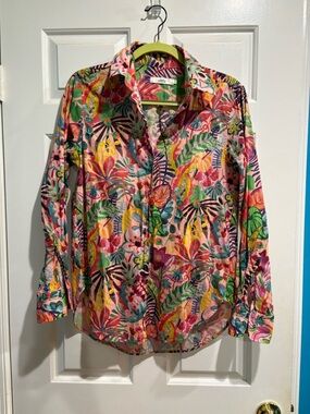 0039 Italy button down tropical leaves shirt pink XS S